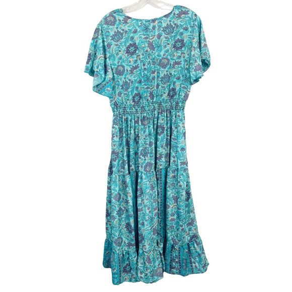 Zury Blue Boho Print Flutter Sleeve Maxi Dress V-Neck Silk Bohemian FREE SIZE - Picture 2 of 8